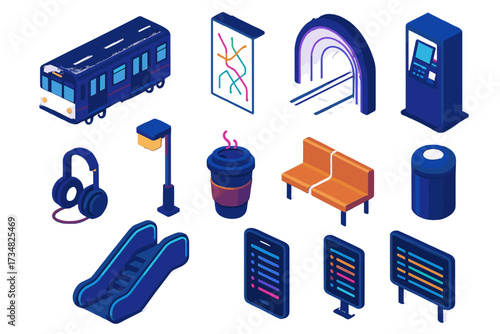Night Subway Icons. Isometric vector illustration set Night subway ride: subway train, neon map board, glowing tunnel, ticket