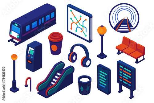 Night Subway Icons. Isometric vector illustration set Night subway ride: subway train, neon map board, glowing tunnel, ticket