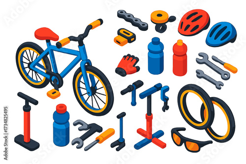 Colorful Bicycle Shop Icons. Isometric vector illustration set Bicycle shop: display bike, chain, pedal, bell, helmets, water