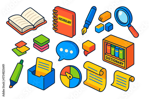 Study Essentials Icons. Isometric vector illustration set Word Study: open book, vocabulary notebook, fountain pen, magnifier,