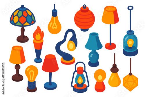 Colorful Decorative Lamps. Isometric vector illustration set Decorative Lamps: Tiffany lamp, Edison bulb, paper lantern, floor
