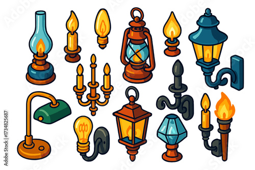 Vintage Illumination Icons. Isometric vector illustration set Vintage Illumination: oil lamp, candle bulb, kerosene lantern,