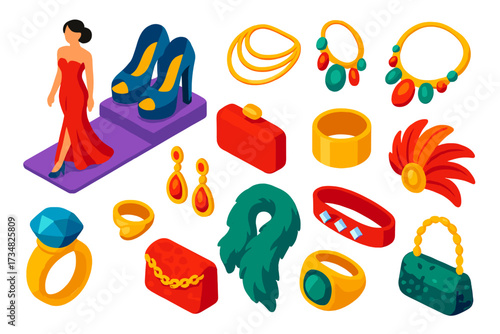 Fashion Essentials Icons. Isometric vector illustration set Fashion Show: runway dress, platform heels, clutch bag, layered