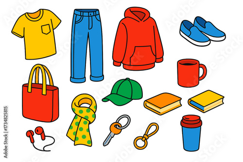 Weekend Essentials Icons. Isometric vector illustration set Relaxed Weekend: pocket t-shirt, boyfriend jeans, oversized hoodie,