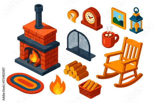 Cozy Fireplace Icons. Isometric vector illustration set Cozy Fireplace: brick fireplace, wooden logs, chimney pipe, fire flames,