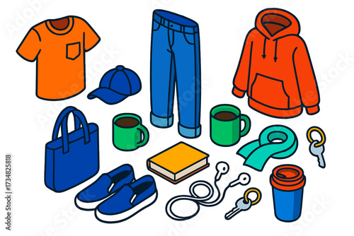 Weekend Essentials Icons. Isometric vector illustration set Relaxed Weekend: pocket t-shirt, boyfriend jeans, oversized hoodie,
