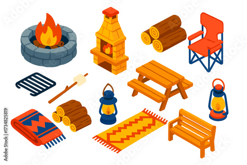 Outdoor Fireplace Essentials. Isometric vector illustration set Outdoor Fireplace: stone fire pit, chimney grill, wooden logs,