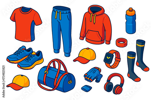 Sporty Fashion Icons. Isometric vector illustration set Sporty Fashion: athletic t-shirt, jogger pants, fleece hoodie, running