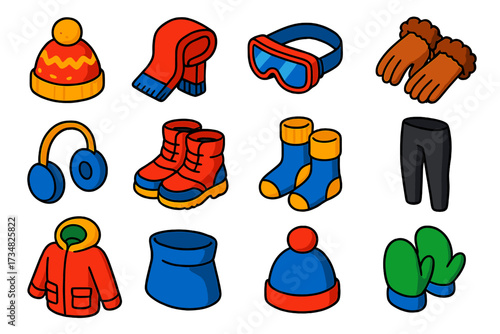 Winter Accessories Icons. Isometric vector illustration set Winter Accessories: knitted hat, wool scarf, ski sunglasses, fur