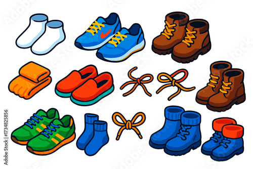 Colorful Footwear Variety. Isometric vector illustration set Footwear Basics: ankle socks, running shoes, tied laces, hiking boots