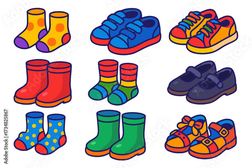 Children's Footwear Icons. Isometric vector illustration set Children’s Footwear: cartoon socks, velcro shoes, rainbow laces, rain