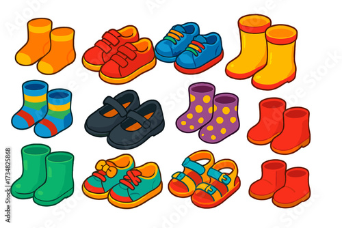 Children's Footwear Icons. Isometric vector illustration set Children’s Footwear: cartoon socks, velcro shoes, rainbow laces, rain