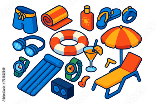 Poolside Fun Essentials. Isometric vector illustration set Poolside Fun: swim trunks, pool towel, sunscreen lotion, flip flops,