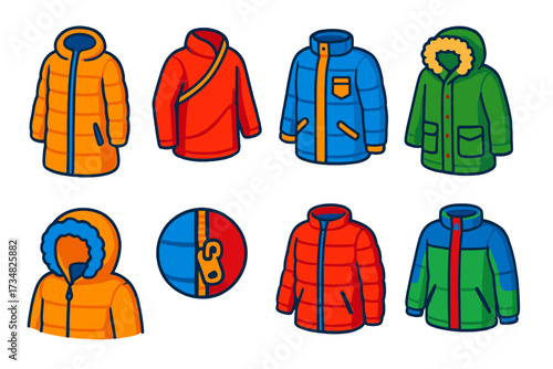Winter Jacket Collection. Isometric vector illustration set Winter Jackets: puffer coat, side zipper, insulated pocket, snow parka
