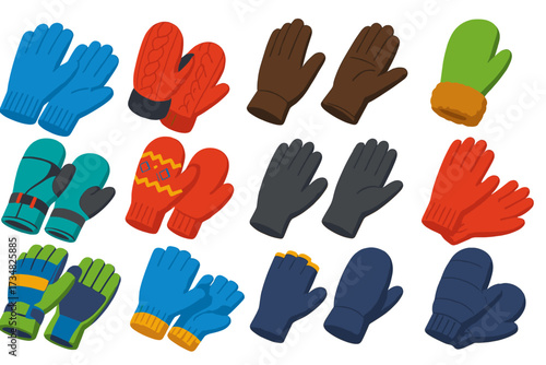 Colorful Winter Gloves Collection. Isometric vector illustration set Winter Handwear: wool gloves, knitted mittens, fleece lining,