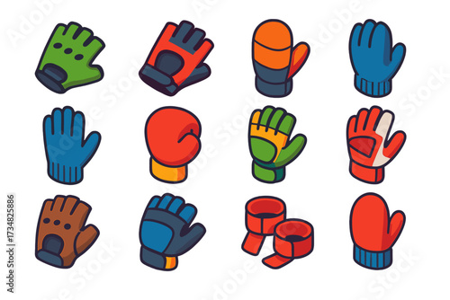 Colorful Sport Gloves Icons. Isometric vector illustration set Sport Gloves: cycling gloves, gym mitts, ski mittens, wool liners,