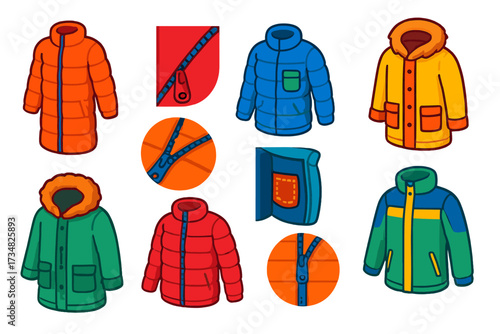 Winter Jacket Collection. Isometric vector illustration set Winter Jackets: puffer coat, side zipper, insulated pocket, snow parka