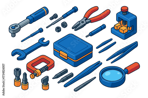 Precision Toolset Icons. Isometric vector illustration set Precision Tools: small torque wrench, tiny bolts, miniature nuts,