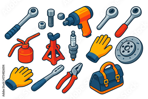 Car Repair Tools. Isometric vector illustration set Car Repair Tools: torque wrench, wheel bolt, lug nut, impact wrench, ratchet