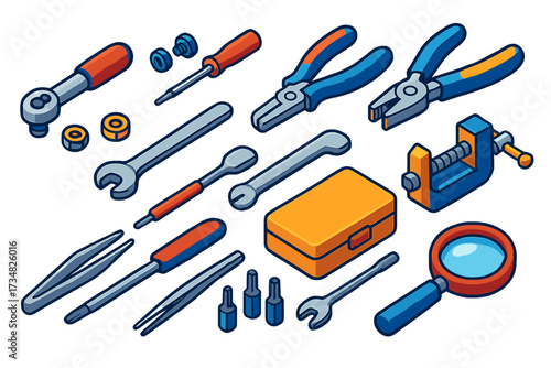 Precision Toolset Icons. Isometric vector illustration set Precision Tools: small torque wrench, tiny bolts, miniature nuts,