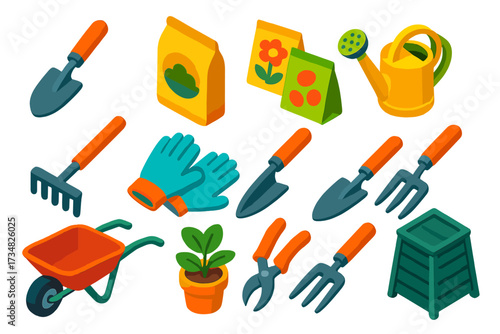 Colorful Gardening Tools. Isometric vector illustration set Gardening Tools: hand shovel, soil bag, seed packets, watering can,