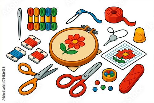 Colorful Embroidery Tools. Isometric vector illustration set Embroidery Kit: embroidery needle, colored threads, hoop frame, linen