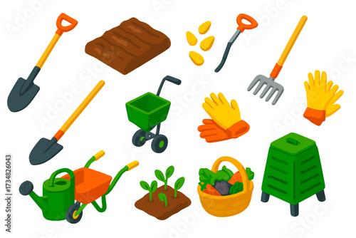 Farming Essentials Icons. Isometric vector illustration set Farming Basics: long shovel, plowed soil, corn seeds, rake, hoe, seed