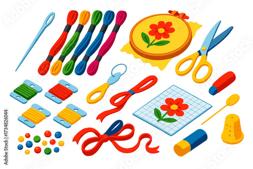 Colorful Embroidery Tools. Isometric vector illustration set Embroidery Kit: embroidery needle, colored threads, hoop frame, linen