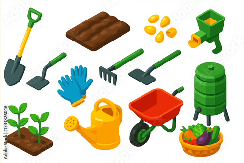 Farming Essentials Icons. Isometric vector illustration set Farming Basics: long shovel, plowed soil, corn seeds, rake, hoe, seed