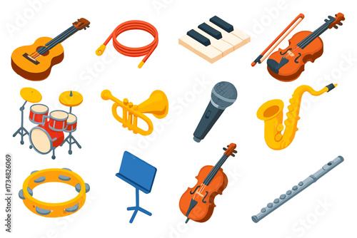 Vibrant Musical Instruments. Isometric vector illustration set Musical Instruments: acoustic guitar, guitar strings, piano keys,