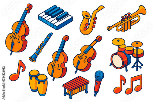 Vibrant Jazz Instruments. Isometric vector illustration set Jazz Instruments: upright bass, piano keys, saxophone, trumpet,