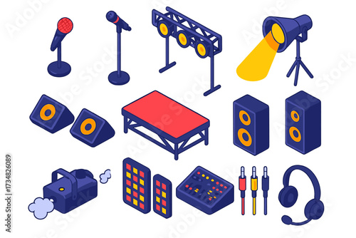 Isometric Concert Stage. Isometric vector illustration set Concert Stage: standing microphone, tall mic stand, spotlight rig,