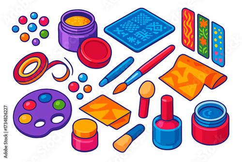 Nail Art Essentials. Isometric vector illustration set Nail Art Accessories: rhinestones, glitter jar, stamping plate, nail