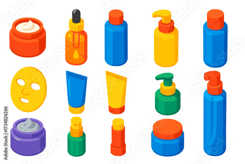 Skincare Essentials Icons. Isometric vector illustration set Skincare Essentials: face cream jar, serum dropper, toner bottle,