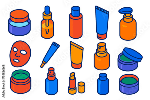 Skincare Essentials Icons. Isometric vector illustration set Skincare Essentials: face cream jar, serum dropper, toner bottle,