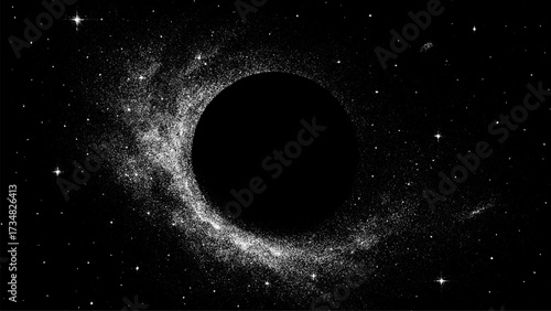 Black hole in abstract galaxy with stardust background. Space vector pattern with nebula and star formation. Science universe wallpaper.