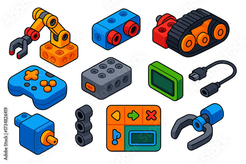 Robotics Kit Elements. Isometric vector illustration set Robotics Brick Kit: robot arm, sensor piece, motor gear, track wheel,