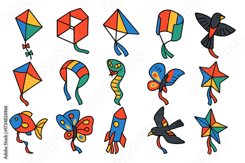 Classic Kite Assortment. Isometric vector illustration set Classic Kites: diamond kite, box kite, delta kite, sled kite, fighter