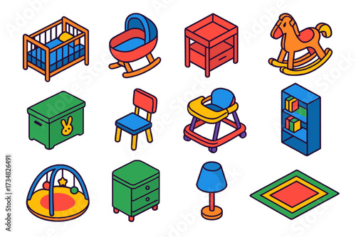 Colorful Nursery Icons. Isometric vector illustration set Nursery Furniture: crib, baby cradle, changing table, rocking horse, toy