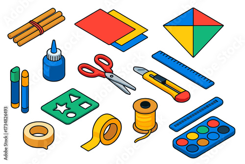 Kite Crafting Essentials. Isometric vector illustration set Kite Crafting: bamboo sticks, colored paper, fabric cloth, glue pot,