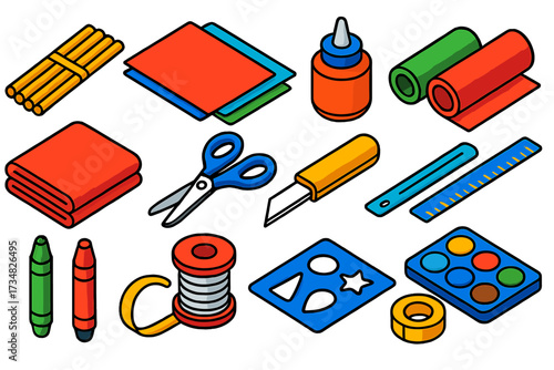 Kite Crafting Essentials. Isometric vector illustration set Kite Crafting: bamboo sticks, colored paper, fabric cloth, glue pot,