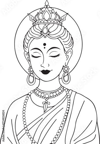 Deity Goddess Hand-drawn Sketch Drawing Vector Illustration, Line Linear Symbol Engraving Coloring Book, Black and White Isolated