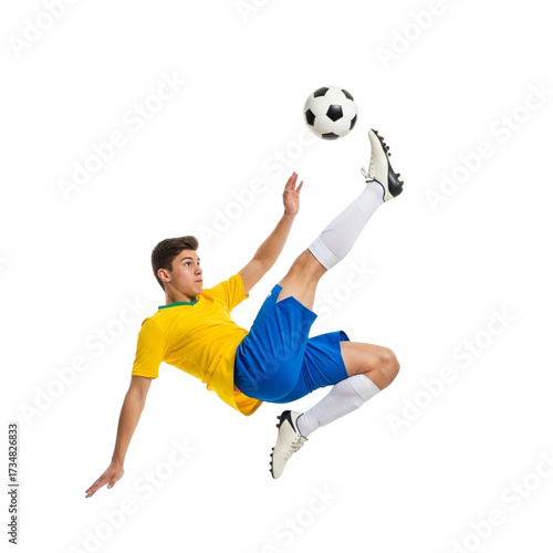 Illustration of soccer player kicks ball isolated on transparent background
