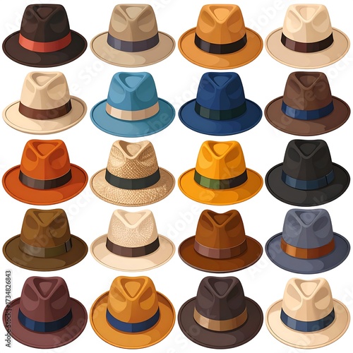 Various colorful hats displayed on a white background