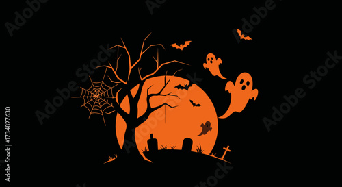 Halloween graphic with spooky tree, ghosts, bats, and full moon  