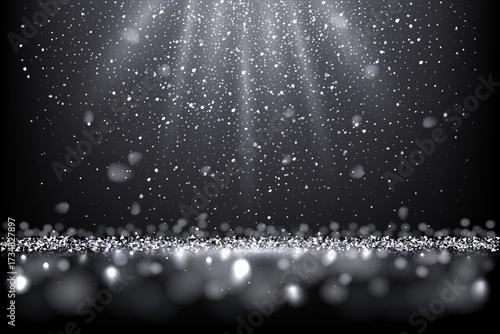 Silver glitter background with sparkles. Shiny metallic particles, glowing light beams, and bokeh effects on dark backdrop. Luxury festive scene for celebration, holiday, award. Vector illustration.