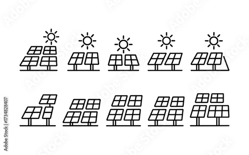 This set of 10 high-quality line icons features solar farms, solar panel arrays, and sun-powered energy generation systems.