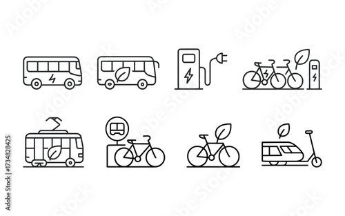 This collection of 10 vector line icons represents sustainable public transportation, featuring electric buses, bike-sharing stations, charging points, light rail, e-bikes, and eco-scooters.