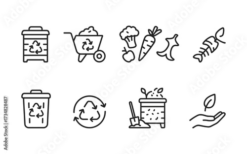 This collection of 10 composting and organic waste vector icons showcases essential elements of sustainable waste practices.