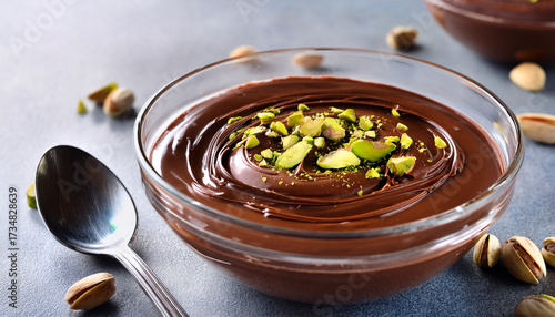 Delicious Chocolate Mousse With Pistachios And A Spoon